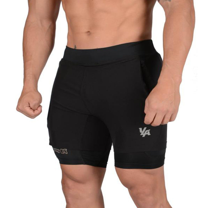 Black GeToday 2-in-1 compression gym shorts with sleek design and elastic waistband for workout comfort and support.
