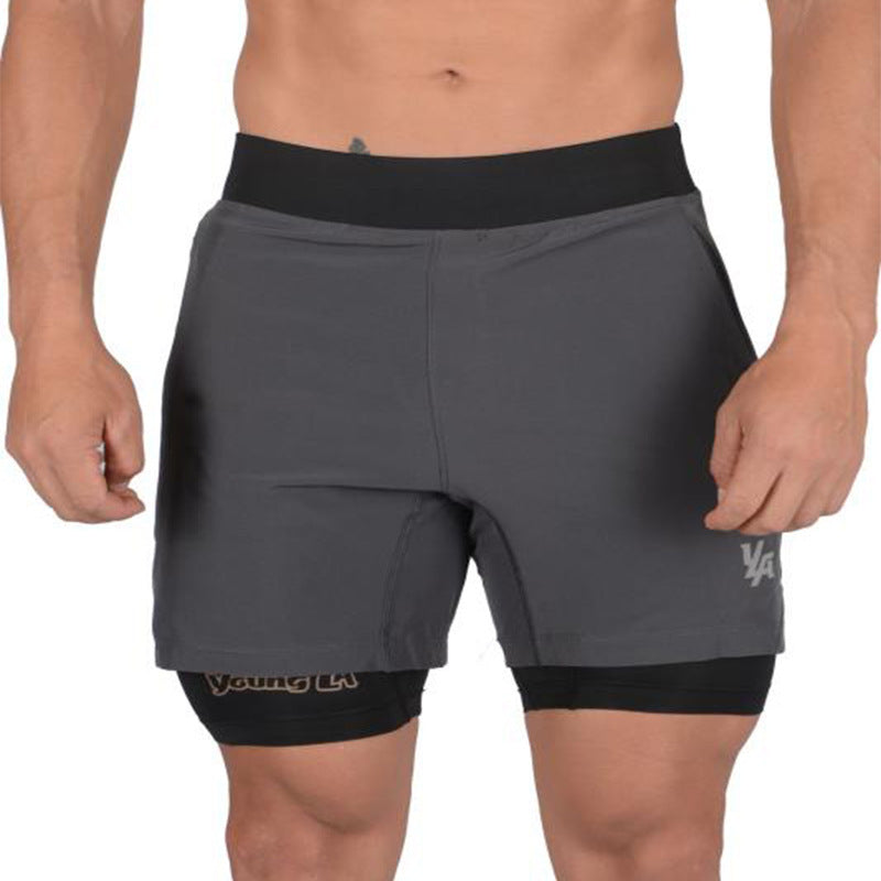 Black GeToday 2-in-1 compression shorts for gym wear, featuring a sleek design with elastic waistband and supportive fit.