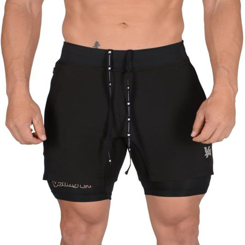 Black GeToday 2-in-1 compression gym shorts with built-in support and moisture-wicking fabric for active workouts.