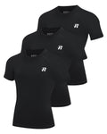 Pump Lab Boys 3-Pack gym compression shirts in black, blue, and gray, featuring moisture-wicking fabric and a snug fit for active wear.