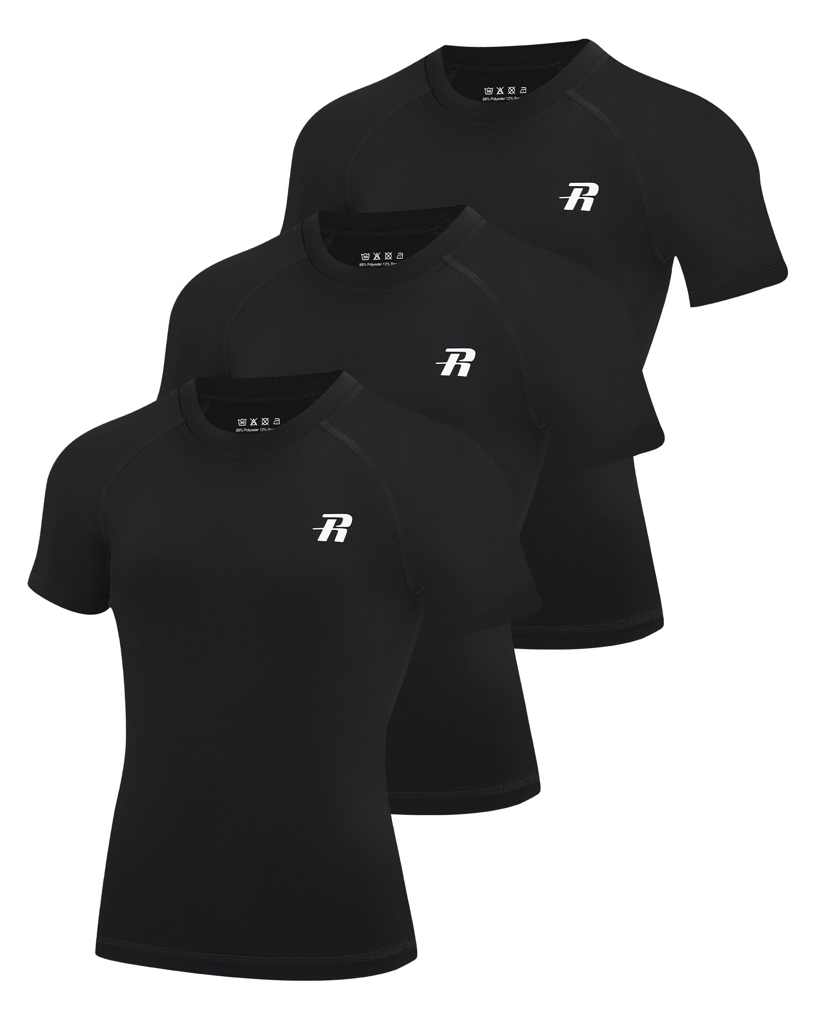 Pump Lab Boys 3-Pack gym compression shirts in black, blue, and gray, featuring moisture-wicking fabric and a snug fit for active wear.