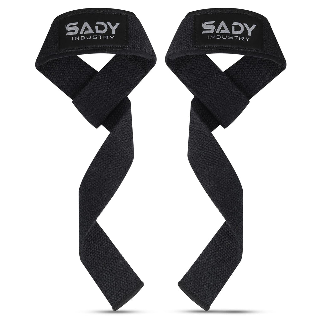 Black padded cotton lifting wrist straps for weightlifting and power workouts, designed to support deadlifts for men and women.