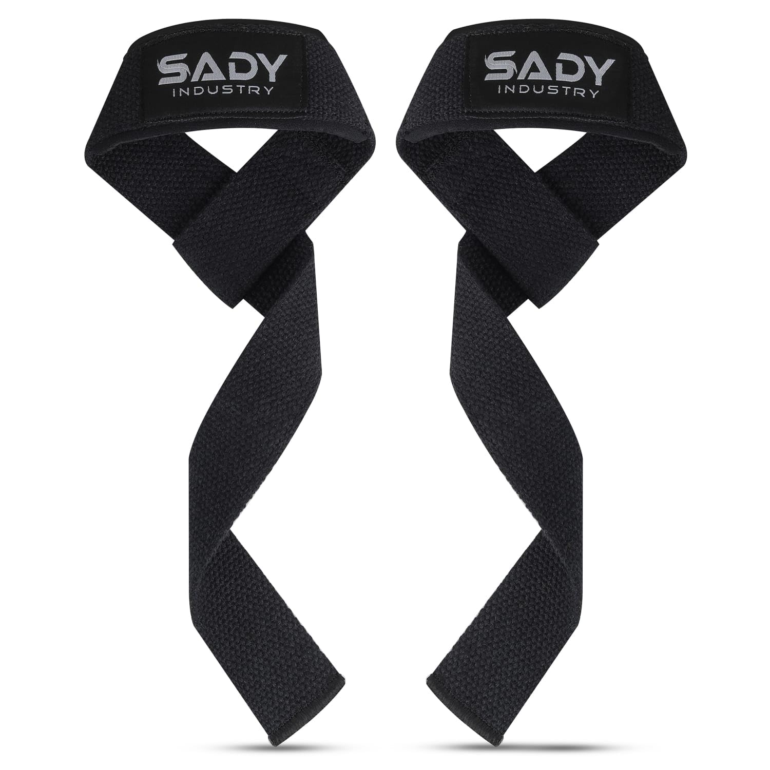 Black padded cotton lifting wrist straps for weightlifting and power workouts, designed to support deadlifts for men and women.