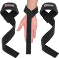 Black weightlifting wrist straps by Pump Lab Fitness with cushioned, anti-slip design for bodybuilding and deadlift support.