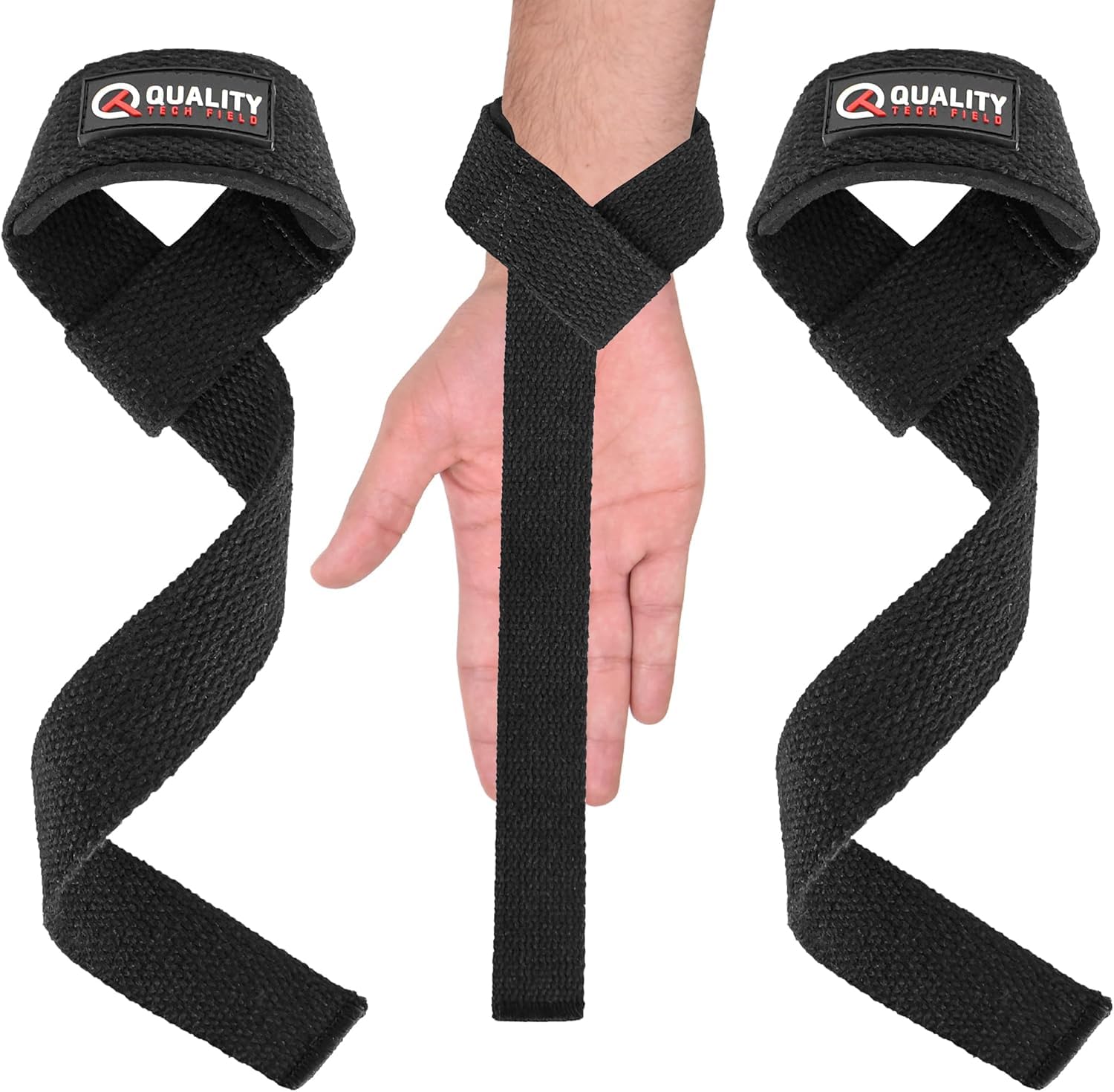 Black weightlifting wrist straps by Pump Lab Fitness with cushioned, anti-slip design for bodybuilding and deadlift support.
