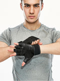Men's half-finger workout gloves from Pump Lab Fitness, designed for pull-up training, showing black gloves with padded palms.