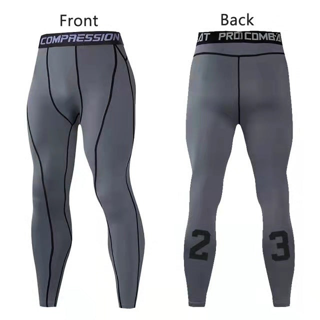 Men's running gym leggings by Pump Lab Fitness, close-up view showing stretchy black athletic tights with logo details.