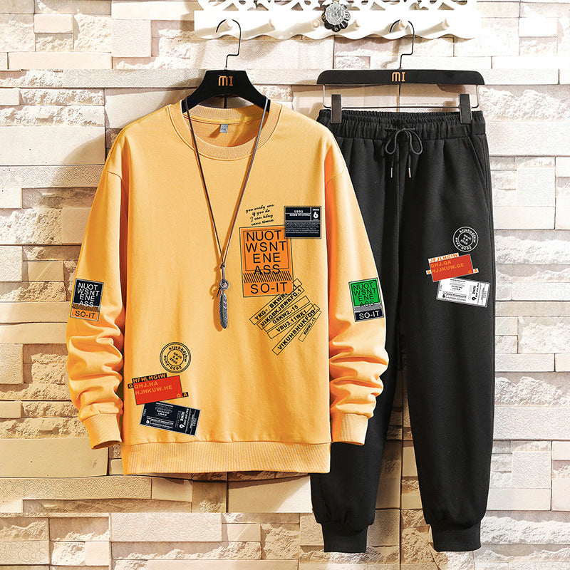 Men's casual sweatshirt and jogger pants set by Pump Lab Fitness, autumn comfort, navy blue color, relaxed fit, cozy fabric.