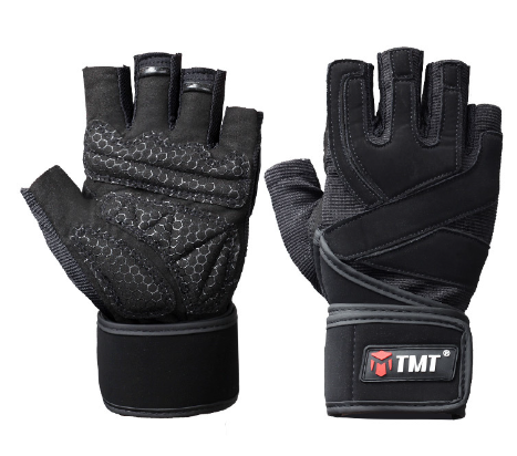 Men's half-finger workout gloves for pull-up training by Pump Lab Fitness, showing black gloves with padded palms and fingerless design.