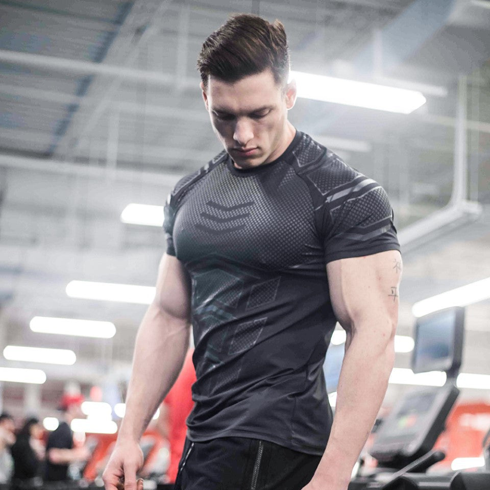 Close-up of a GeToday muscle fit performance gym T-shirt, showcasing its sleek design and athletic fit for workout apparel.