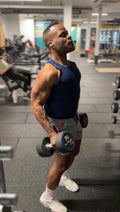 PumpLab Fitness 30-day arm workout plan featuring illustrated exercises for building bigger biceps and triceps efficiently.