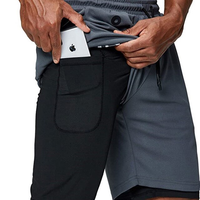 Men's 2-in-1 gym shorts with built-in phone pocket, Vimost Brand, designed for running, fitness, and training activities