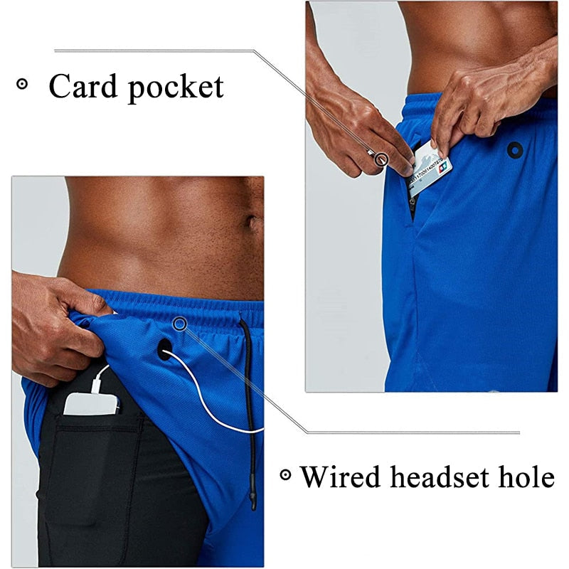 Men's Pump Lab 2-in-1 performance gym shorts by Vimost with built-in phone pocket, designed for running and fitness training.