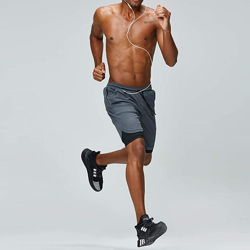 Men's 2-in-1 performance gym shorts with built-in phone pocket, designed for running, jogging, and fitness training by Vimost.