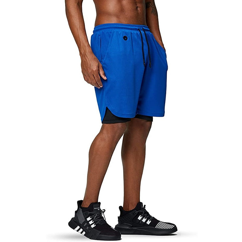 Men's Vimost Pump Lab 2-in-1 performance gym shorts with built-in phone pocket, designed for running, jogging, and fitness training.