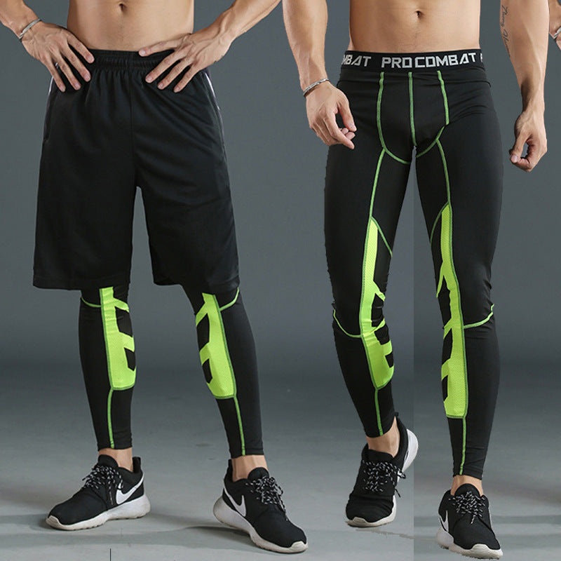 Men's running gym leggings and tights by Pump Lab Fitness, close-up of black athletic compression pants with textured fabric