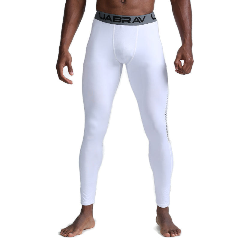 Men's black compression sports leggings and tights by Pump Lab Fitness, showcasing a close-up of the fitted, stretchy fabric.