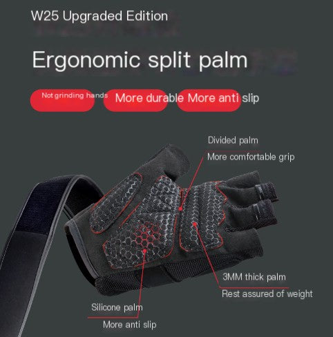 Men's half-finger workout gloves for pull-up training by Pump Lab Fitness, showing black gloves with padded palms.