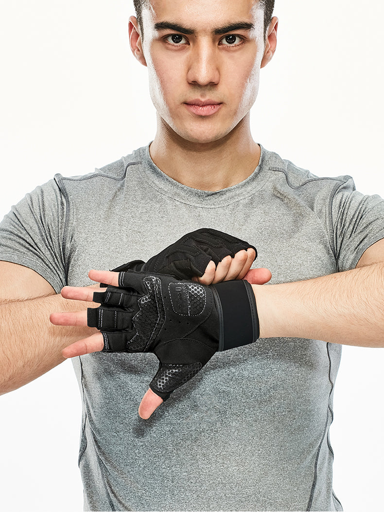 Men's half-finger workout gloves by Pump Lab Fitness with padded palms for pull-up training and grip support.