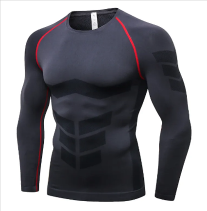Men's compression training top by Pump Lab Fitness, close-up view showing fitted fabric and athletic design for workout support.